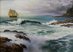 Large Sailboat and Heavy Surf